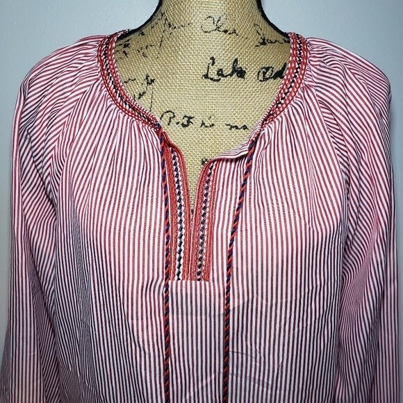Solitaire Striped Embroidered Long Sleeve Bohemian Lightweight Blouse Size M - Picture 2 of 8